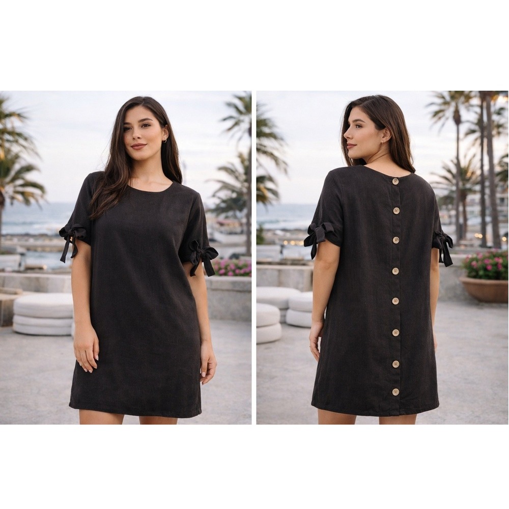 Lulus Linen Shift Dress Size Small Black Tie Sleeve Minimalist Coastal Chic